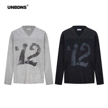 UNBDNS美式复古运动V领毛衣抗条针织长袖秋衣外套男女同款上衣潮