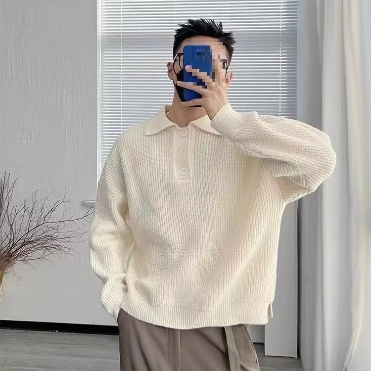 2025 Autumn/Winter New Men's Loose-fitting Trendy Hong Kong Style Long-sleeved Solid Color Lapel Knit Sweater/Outerwear