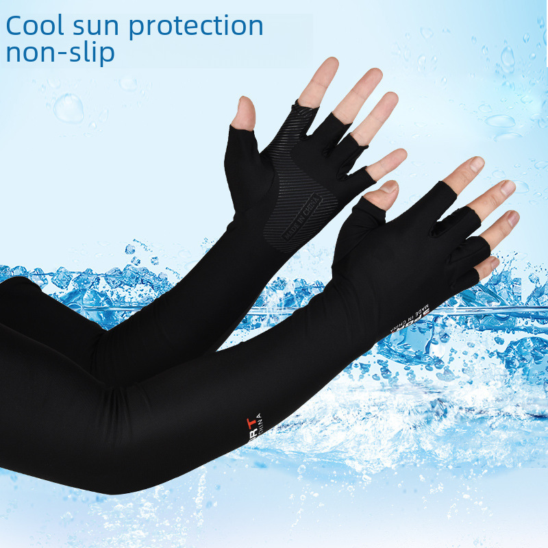 Summer Five-Finger Ice Sleeve Sunscreen Arm Ice Silk Sleeve Half-Finger Gloves for Men and Women Outdoor UV Driving Ride_viptrois.com