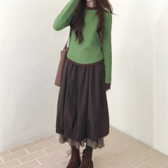 秋季一整套ootd穿搭多巴胺绿色假两件上衣女拼接半身裙两件套装女