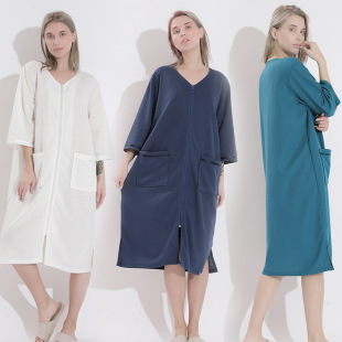 Spring and Summer Thin Women's Nightgown Mid-length Zipper Pajamas Women's Plus Fat Plus Fat Girl Home Clothes Wearable Bath Towel Women