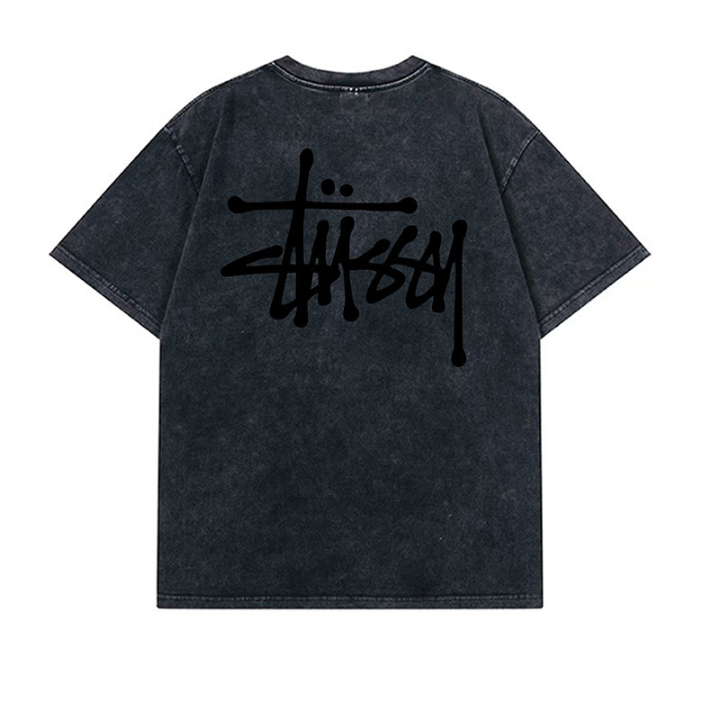 Cross-Border American Trendy Brand Retro Graffiti Washed Black Short-Sleeved T-Shirt for Men and Women Couples Loose Basic Black Eight Stu West