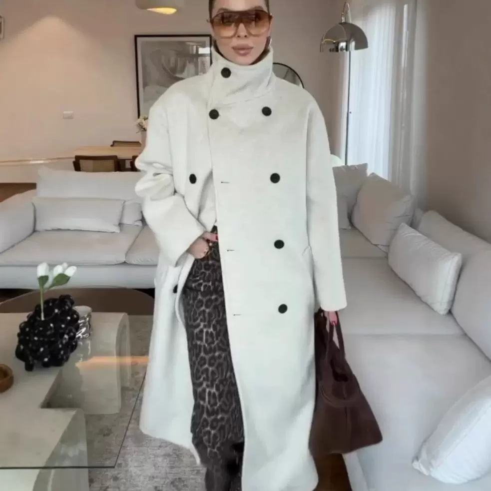 亚马逊2025欧美立领双面毛呢大衣女秋冬新款韩系宽松长款呢子外套