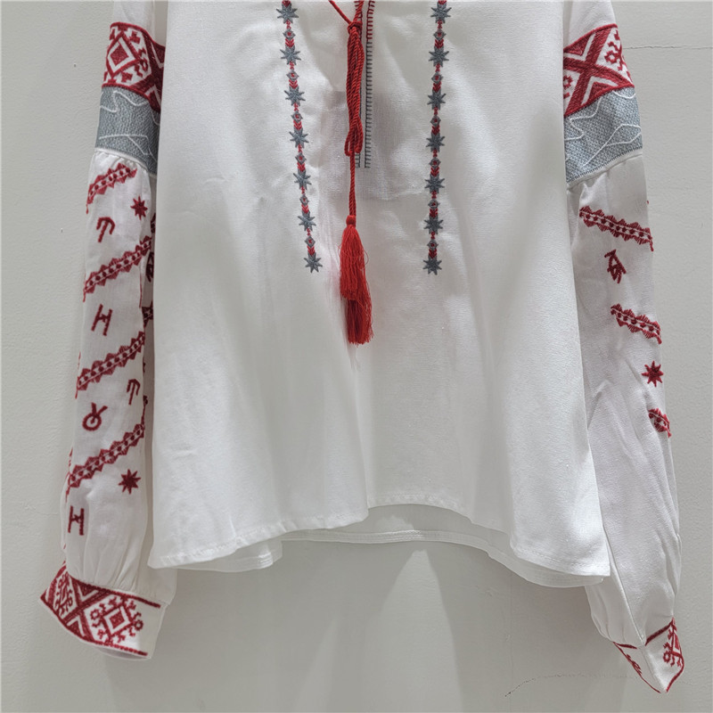 Camisa con Bordado y Manga de Linterna para Mujer de Poliéster Cuello Redondo image 4