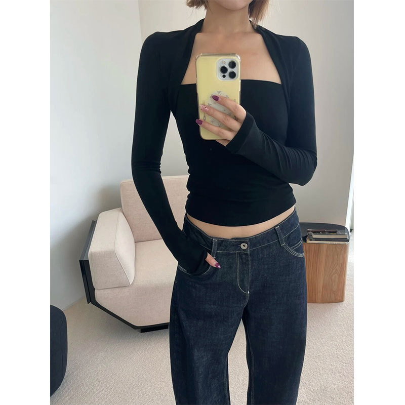 十三行假两件长袖上衣女装早秋新款修身黑色短T恤显瘦针织打底衫|undefined
