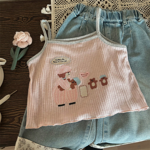 Korean Children's Summer 2024 New Cartoon Strappy Top for Girls, Trendy Embroidered Children's Outerwear, Versatile Backless Tee