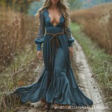 欧美亚马逊新款长袖连衣裙波西米亚度假风大摆裙印花连衣裙