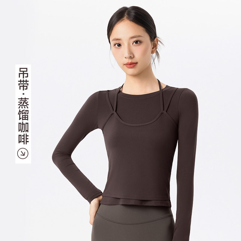 跨境裸感瑜伽服套装高级感女双肩带挂脖吊带背心叠穿运动健身上衣|undefined