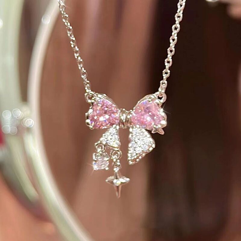 Star Butterfly Sweet Pink Zircon Bow Love Necklace Women's High-End Design Niche Clavicle Chain Star Butterfly Sweet Pink Zircon Bow Love Necklace Women's High-End Design Niche Clavicle Chain
