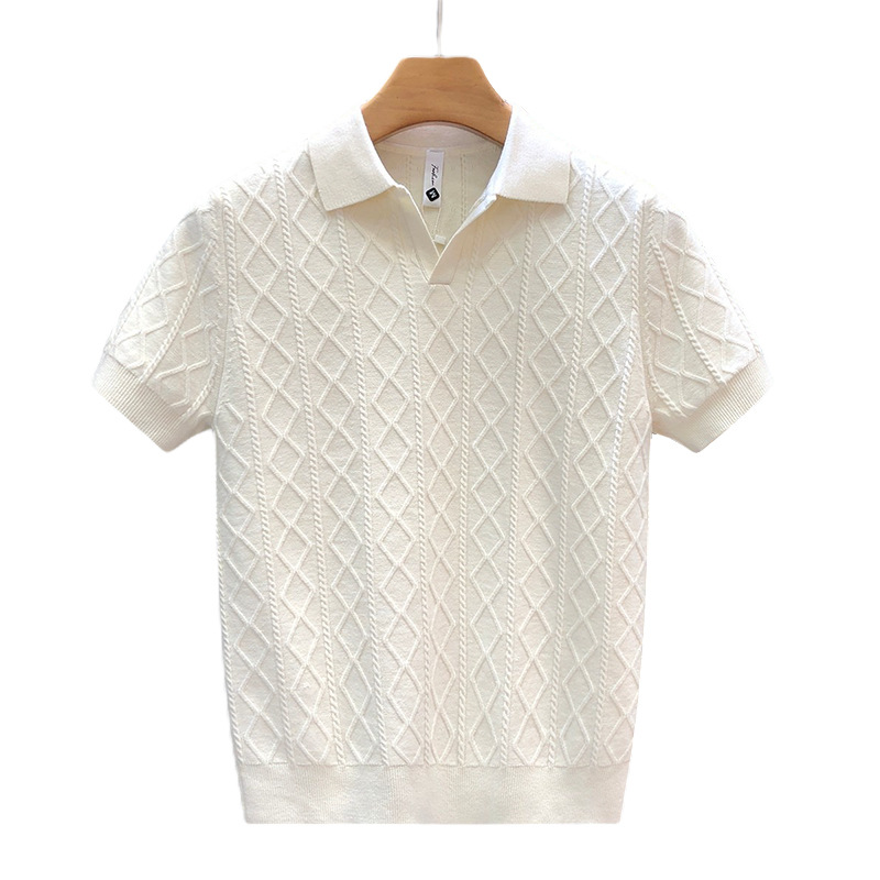 Men's Clothing Plus Size Men's Shirt Style Short Sleeved V Neck Business Collar Cable Knit T-Shirt For Formal & Casual_voghion.com