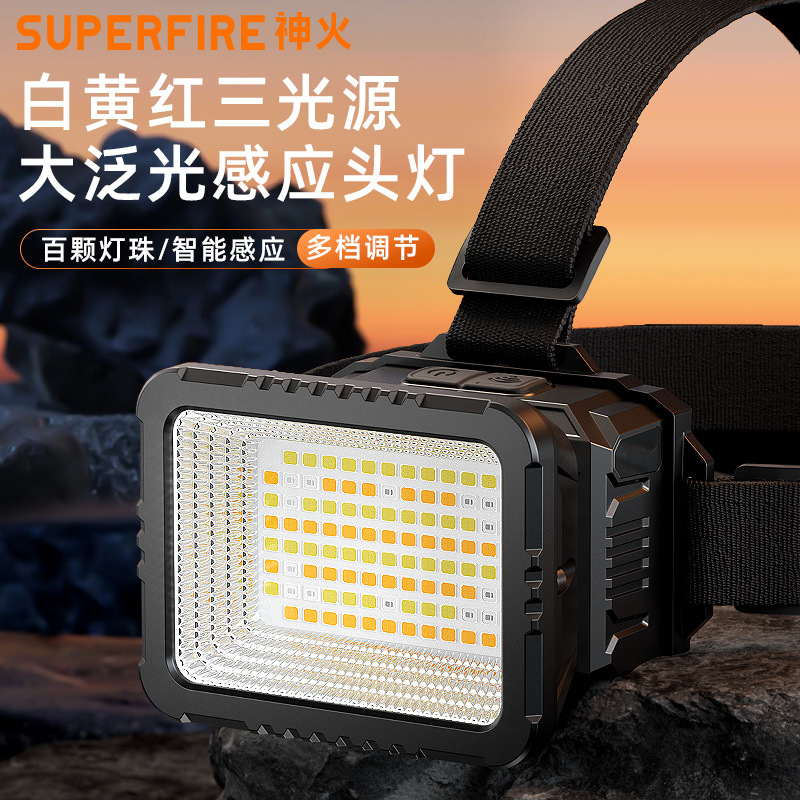 Faros de iluminación de inundación Shenhuo Iluminación exterior Iluminación montada en la cabeza de aventura Luz fuerte de larga duración Luz de inducción led Faros industriales y mineros