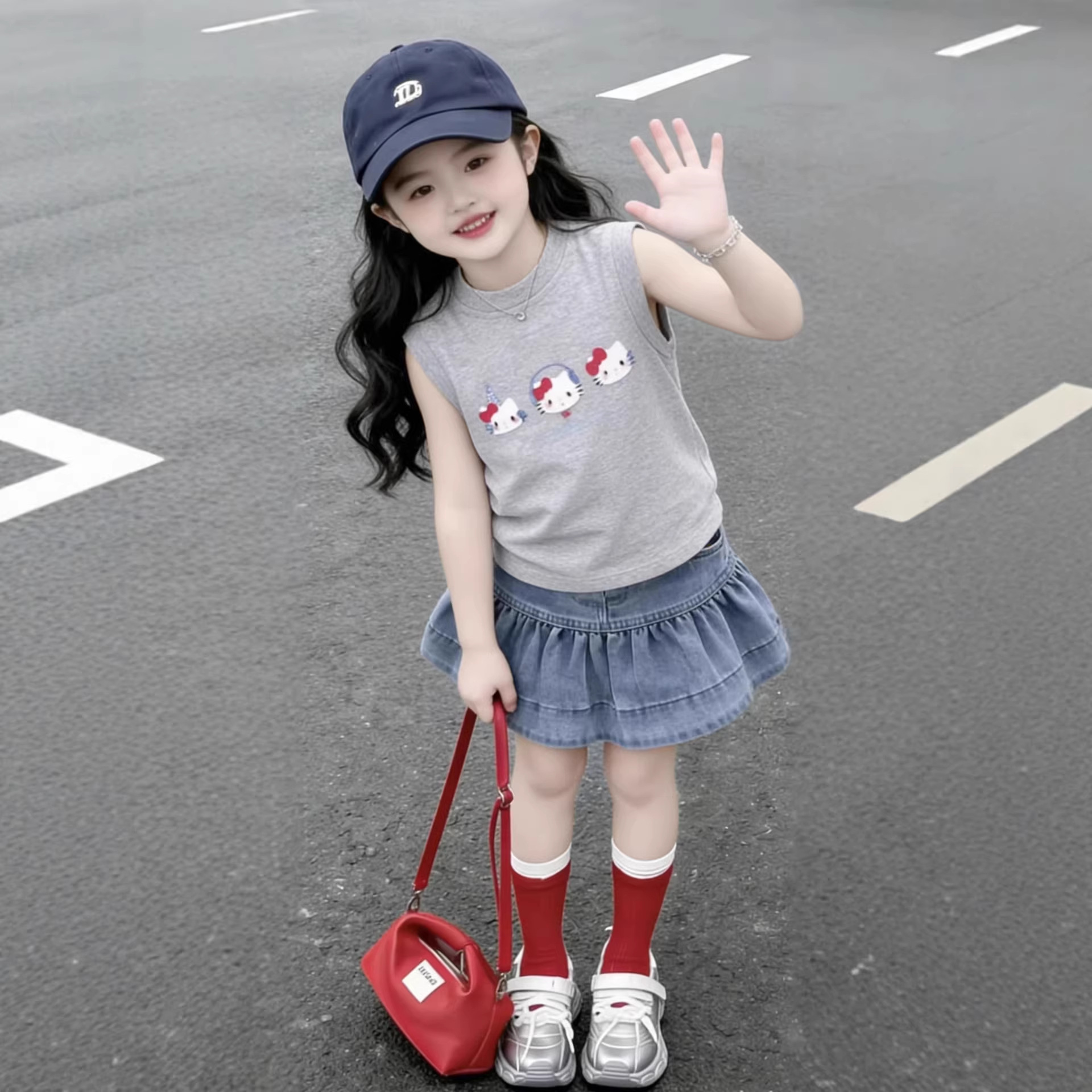 2026 Summer Comfortable Cartoon Kitten Vest Set for Girls, Casual Sweet Denim Skirt Two-Piece Set