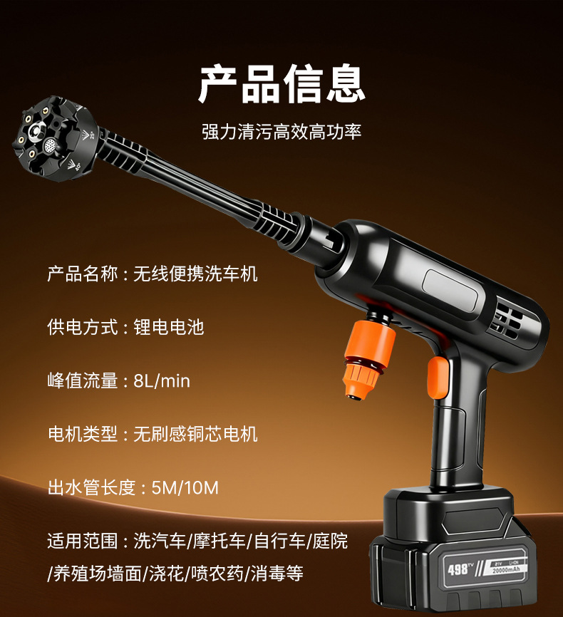 High-Pressure Car Wash Water Gun Household Wireless Car Wash Machine Portable Powerful Car Watering and Spraying Lithium Battery Cleaning Machine