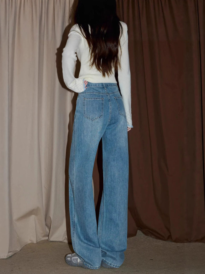 Quần jeans nữ cạp cao ống loe nhẹ đính đá, form ôm vừa, phong cách thường ngày — Màu be [bình thường], Màu be [kéo dài], Màu xanh nhạt [bình thường], Màu xanh nhạt [người đàn ông nhỏ]