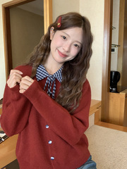 设计感格纹拼接polo领系带长袖女韩系立体纽扣针织衫外套上衣