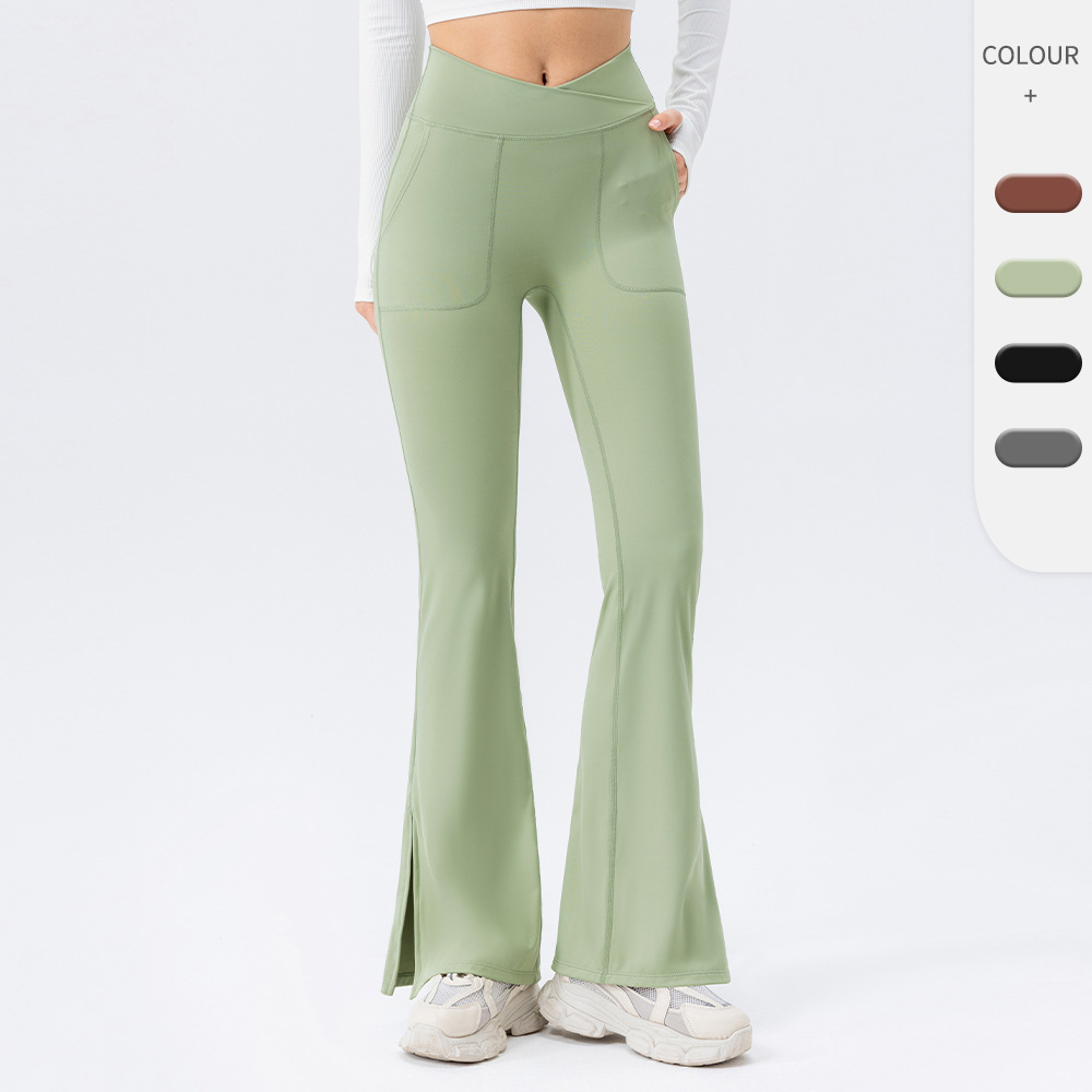 European and American nude yoga flared pants women's cross high waist hip wide leg pants breathable fitness pants 42309