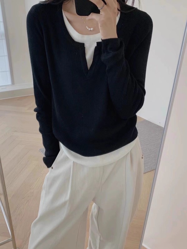 黑色假两件长袖T恤女春秋不规则拼接修身显瘦内搭针织打底衫上衣|undefined