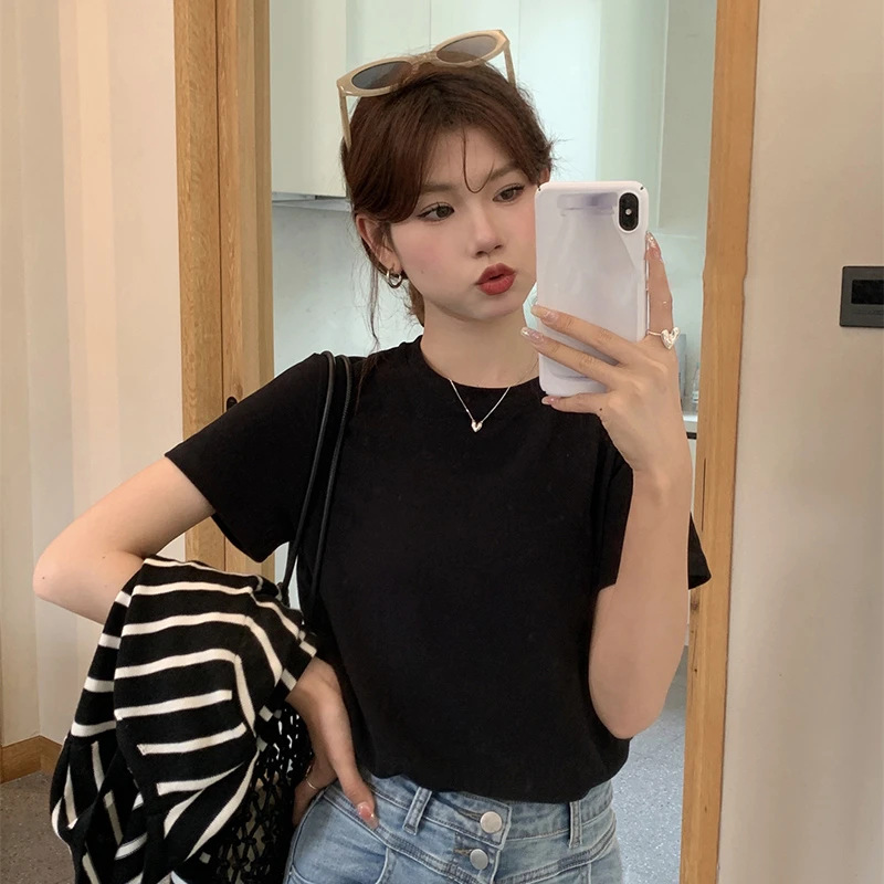 92% Cotton Shoulder Crew Neck Short-sleeved T-shirt Women's Korean Version Loose Summer New Solid Color Small Man With T-shirt Top_ecoleips.com