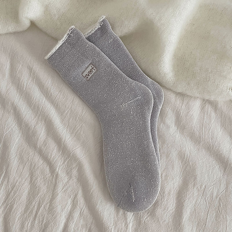Kışın sıcak çoraplar işlemeli çoraplar artı kadife kalın taban çorapları düz renk fırçalanmış çoraplar kışlık kalınlaştırılmış kadın çorapları_voghion.com