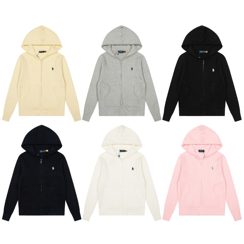 Scan the Qr Code~Rl Laffy Pony Twist Solid Color Pony Embroidered Logo Zipper Versatile Hooded Women's Knit Sweater