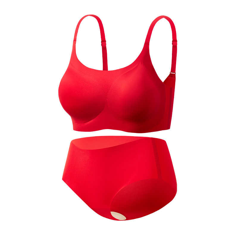 Benmingnian Big Red Bra Set Women's Thin Shoulder Strap One-piece Fixed Cup Traceless Underwear Panties Boxed Women
