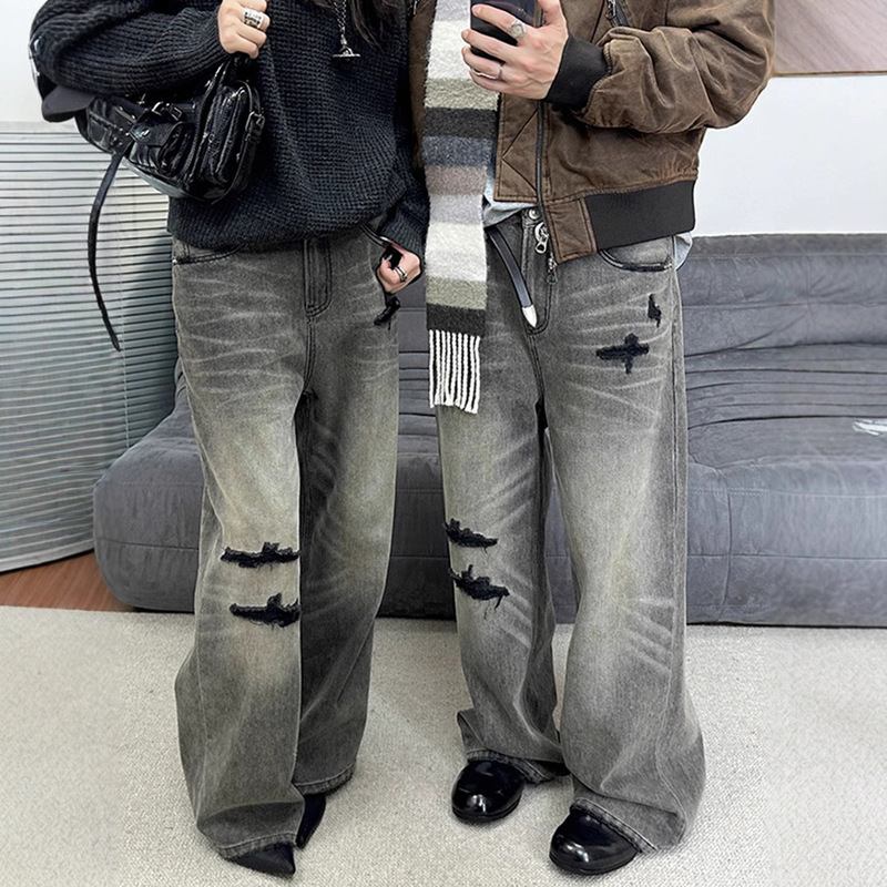 Heavy-duty gray distressed loose jeans for women in autumn and winter 2024 American straight trousers cross-border