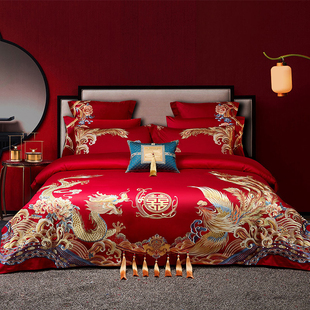 Ll Wedding 180S Pure Cotton Long-Staple Cotton Four-Piece Wedding Dragon and Phoenix New Chinoiserie Bed Cover Newlywed Bed