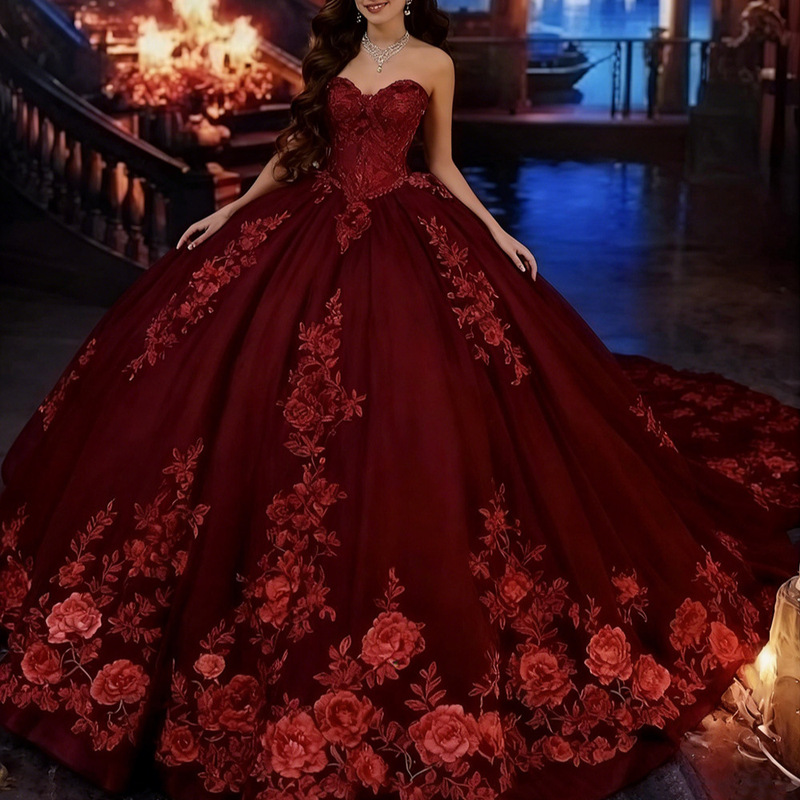 European and American Style Strapless Burgundy Banquet Wedding Dress 2026 New Model Colorful Tulle Bridal Wedding Toast Dress Ball Gown with Train