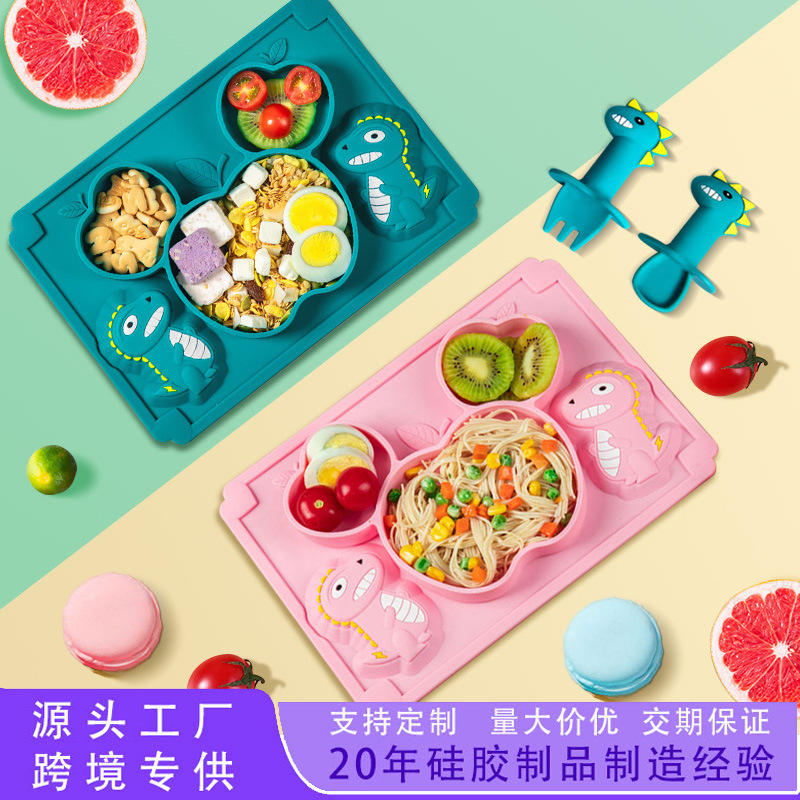 Cross-Border Hot-Selling Children's Dinosaur Silicone Dinner Plate Baby Training Food Bowl Fork Spoon Bib Cup Suction Bowl and Plate Tableware