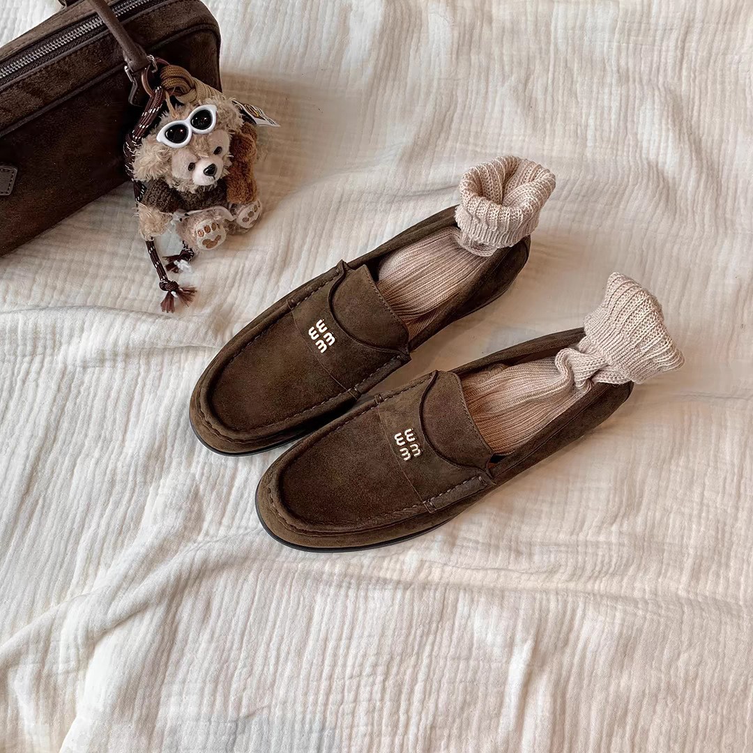 羊皮版~新款英伦风复古小羊绒懒人平底乐福单鞋女通勤小皮鞋女鞋