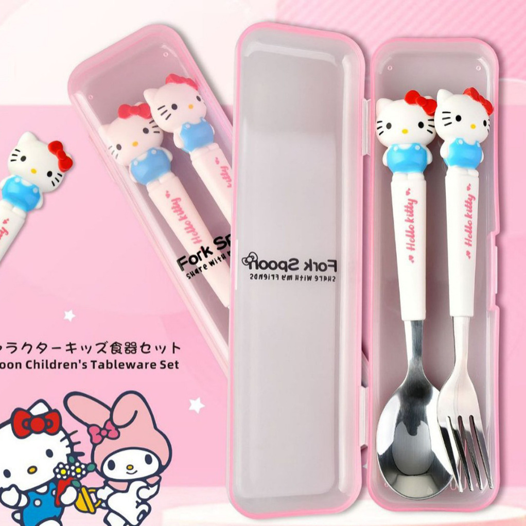1 Sanrio Big Ear Dog Melody 410 acero inoxidable niños encantadores dibujos animados cubiertos portátiles palillos set cuchara