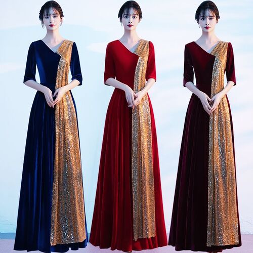 Grand choir performance clothes, women's long dress, adult dress, red song recitation competition, evening dress, student performance clothes,