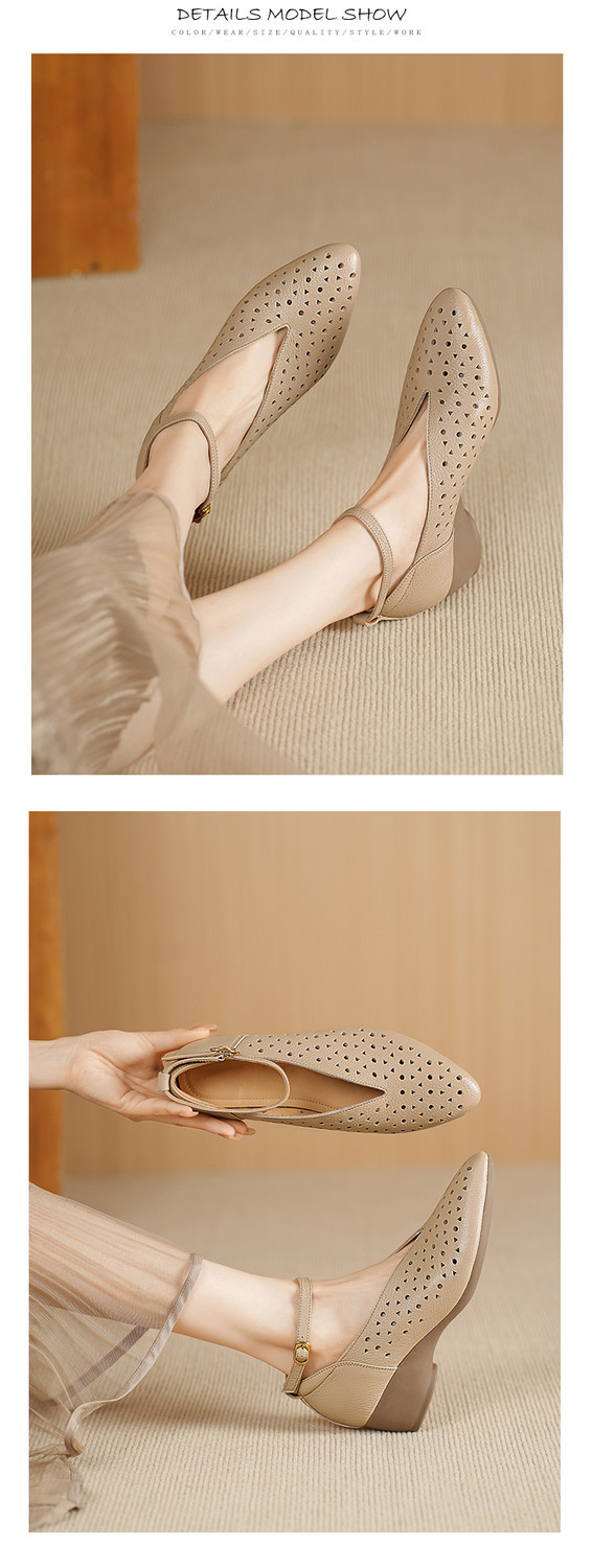 Sandal nữ mũi nhọn quai ngang gót trung bình phong cách retro thoáng khí — đen, mơ chi tiết 7