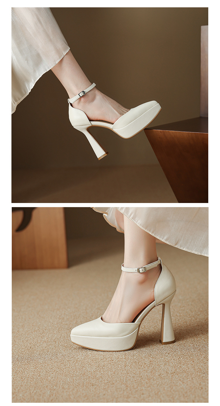 Giày sandal cao gót Mary Jane cô dâu gót vuông đế platform hở mũi — màu đen, màu trắng ngà chi tiết 7