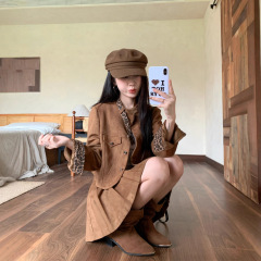 实拍 美拉德豹纹设计感短款麂皮绒外套百褶短裙女秋冬季时尚套装