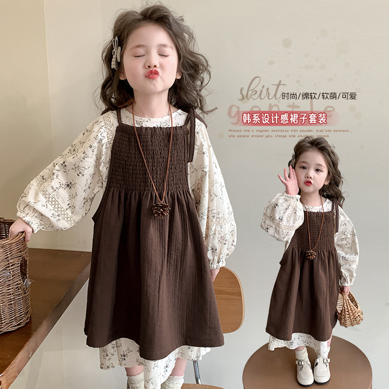 Little Girl's Stylish Spring and Autumn Long-Sleeve Floral Dress Set, New 2026 Korean Style Mori-Style Dress for Baby Girls
