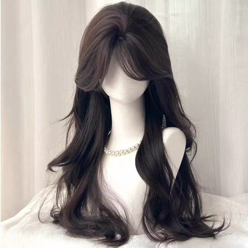 No Need to Wear a Hairnet, Middle-Parted Long Curly Hair with a Figure-Eight Bangs, Vintage Dark Tea Color, Lightweight Daily Hairpiece for Top of Head, Hair Enhancement Wig