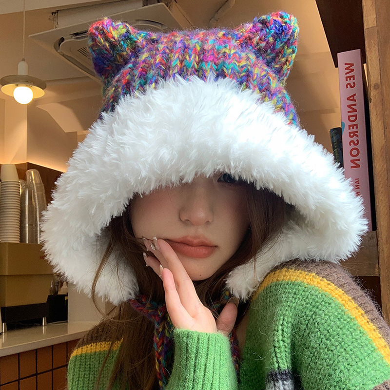 Cute Ears, Big Headband, Colorful Thick Wool Knitted Hat, Women's Autumn and Winter Warmth, Show Face, Small Plush_voghion.com