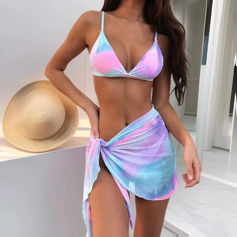 2024 новый европейский и американский сексуальный набор из трех частей Градиентный простой бикини Пляж Спа Сплит Женский купальник