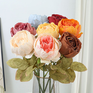 Single roasted peony fire roasted peony artificial flower roasted rose flower burnt edge rose bud home decoration ornaments