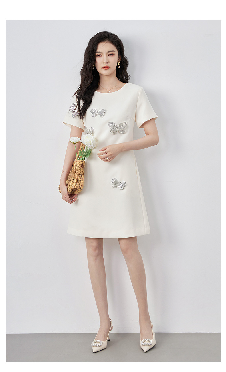 Đầm suông nữ midi tay ngắn cổ tròn, họa tiết hoa nổi sequin lấp lánh, phom suông che khuyết điểm — Màu đen chi tiết 12