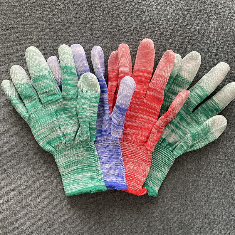 条纹pu涂指手套 pu涂层静电无尘手套尼龙13针花pu手套电子手套