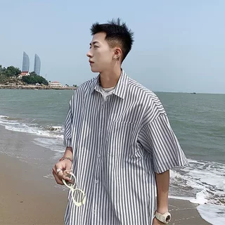 条纹短袖衬衫男夏季ins痞帅设计感衬衫港风日系潮流衬衣外套白色