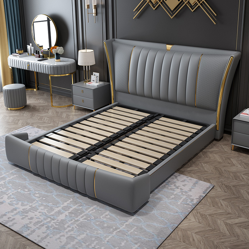 Cama de lujo ligero ins Internet Celebrity 1,8 m cama doble Dormitorio principal nórdico cama de boda chapado en oro bolsa suave moderna simple cama de cuero real