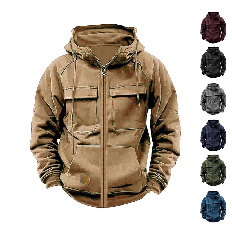 Autumn and Winter New American-Style Sweatshirt for Men, Solid Color, European and American Retro, Loose Fit, Hooded, Fleece-Lined, Men's Sweatshirt with Zipper Jacket