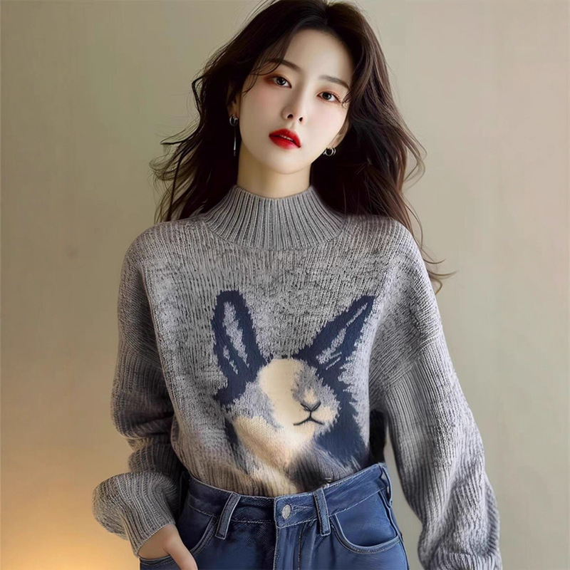 Women's 2025 Autumn Gray Rabbit Half Turtleneck Soft Sweater Knitwear for Lazy Women from Gejia Mall