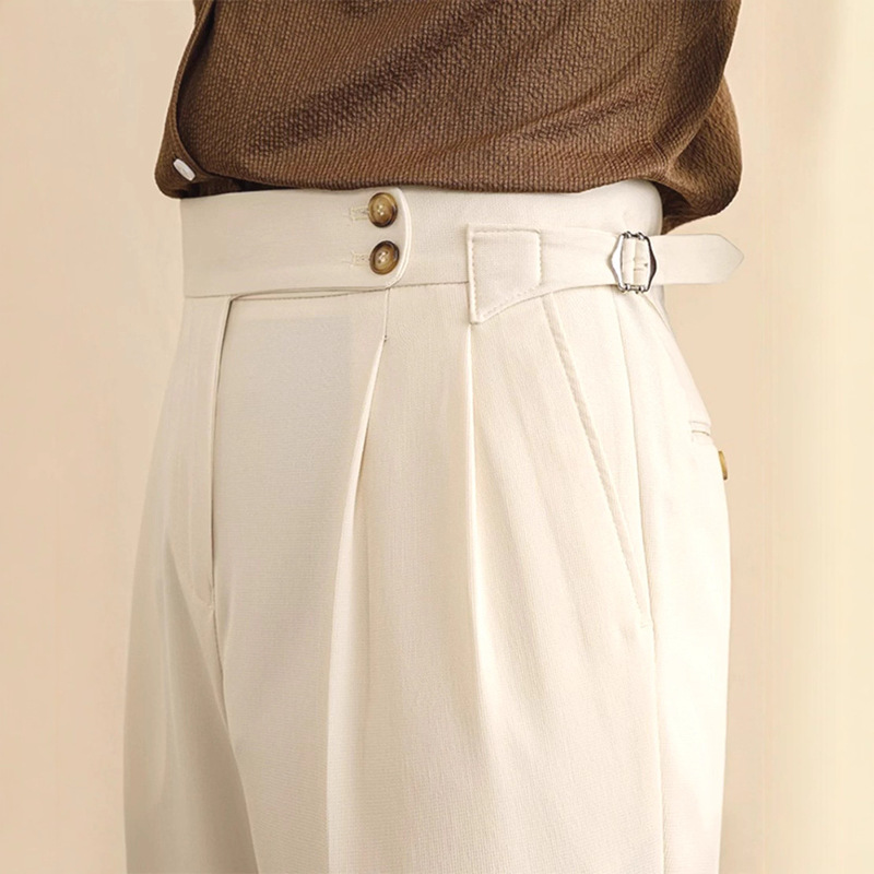 French Paris Button Men's Trousers Naples Loose Straight-Leg High-Waisted Cuffed Business Casual Suit Pants Trendy