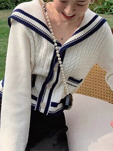 海军领白色针织开衫女学院小香风2025年秋装新款学生复古短款毛衣|undefined