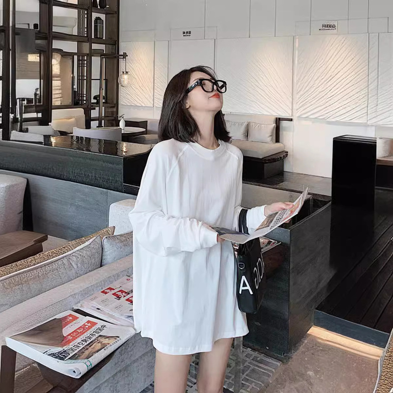 Mid-Length White Long-Sleeved Bottoming Shirt Pure Cotton T-Shirt Women's Spring and Autum European Large Version Simple Versatile Top 6173 Mid-Length White Long-Sleeved Bottoming Shirt Pure Cotton T-Shirt Women's Spring and Autum European Large Version Simple Versatile Top 6173