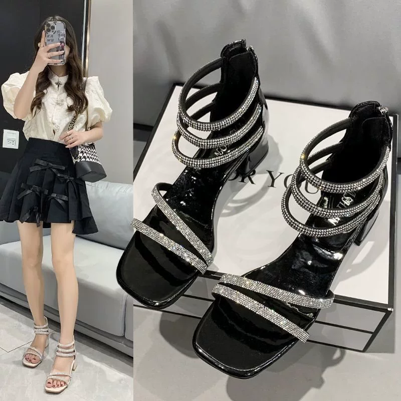 凉鞋女外穿带钻夏季中跟2025新款软底防滑气质潮流仙女风罗马凉鞋